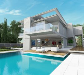 External view of a contemporary house with pool